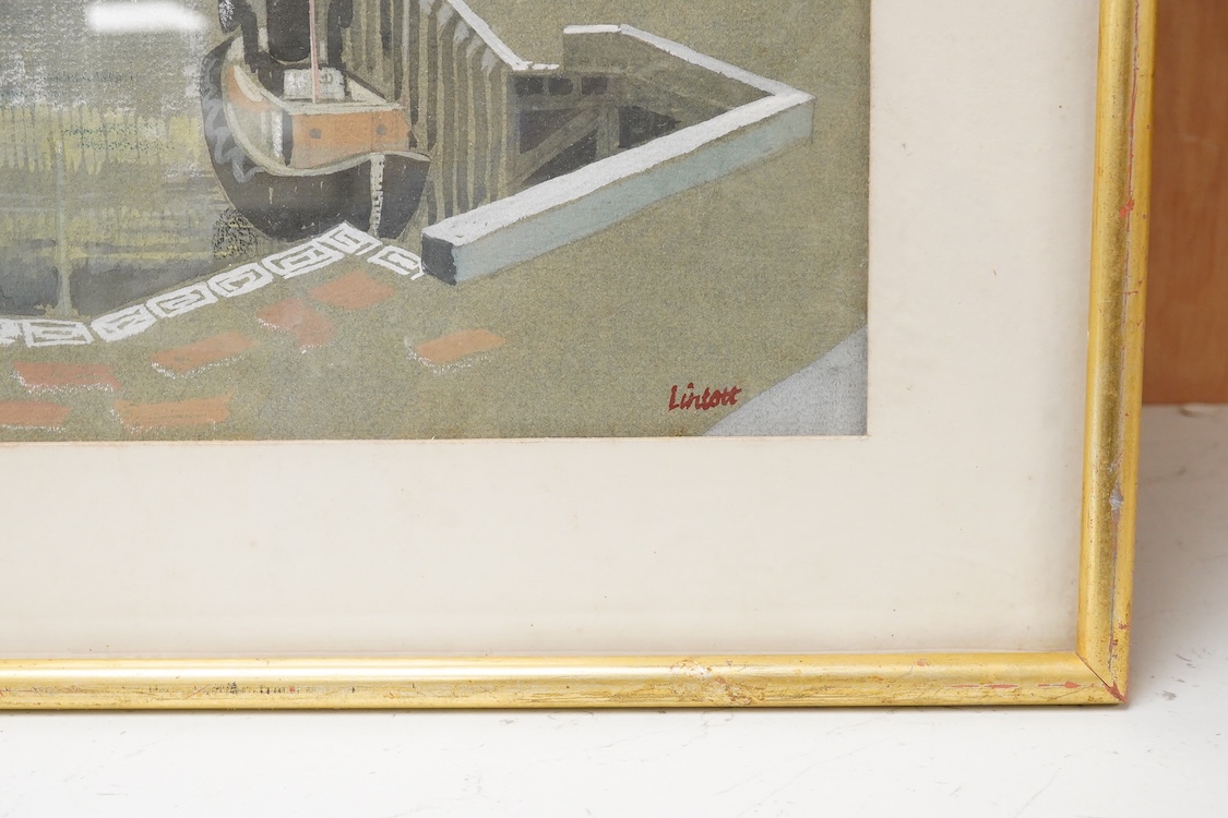 Geoffrey Lintott (20th. C), Modern British, Harbour view with boats, signed, gouache and mixed media, 22.5 x 29cm